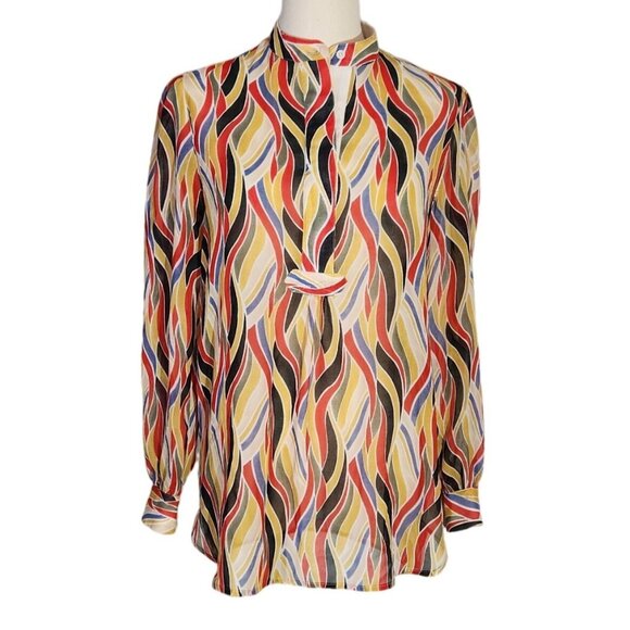Anne Klein Multicolor Geometric Sheer Longsleeve Blouse Women's Size 2 - Picture 5 of 13